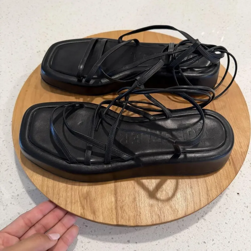 Loeffler Randall Sandals 9.5 Beau Black Strappy Platform Lace Up Square Toe Cute